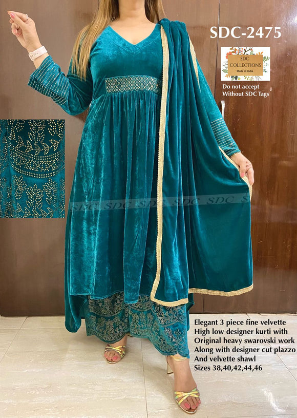 SDC COLLECTIONS PREMIUM QUALITY  TEAL BLUE VELVET SUIT  WITH DUPPATTA FOR WOMEN -GARI001T