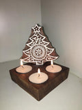 CHRISTMAS TREE DESIGN , WOODEN BLOCK PRINT CARVED CHRISTMAS SPECIAL CANDLE HOLDER WITH CANDLES-BLOC001CT