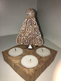MERRY CHRISTMAS  DESIGN , WOODEN BLOCK PRINT CARVED CHRISTMAS SPECIAL CANDLE HOLDER WITH CANDLES-BLOC001MC