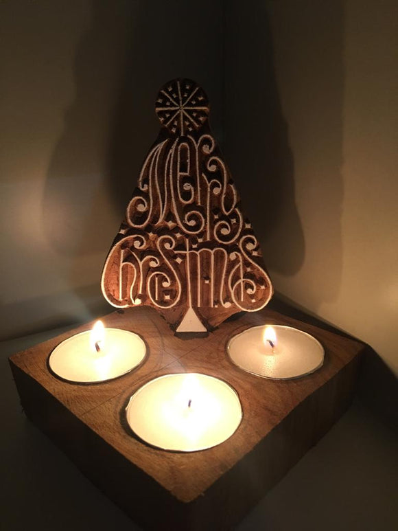 MERRY CHRISTMAS  DESIGN , WOODEN BLOCK PRINT CARVED CHRISTMAS SPECIAL CANDLE HOLDER WITH CANDLES-BLOC001MC