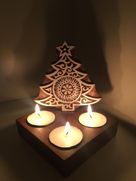 CHRISTMAS TREE DESIGN , WOODEN BLOCK PRINT CARVED CHRISTMAS SPECIAL CANDLE HOLDER WITH CANDLES-BLOC001CT
