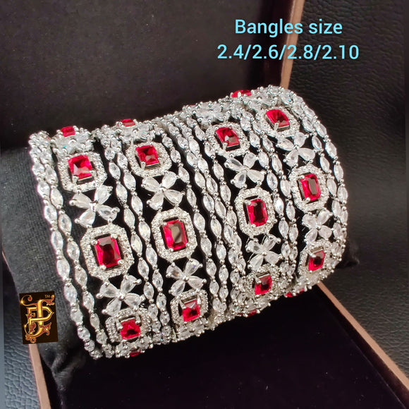 ROSATI ,RED STONES, SET OF 16 SILVER FINISH BANGLES SET FOR WOMEN