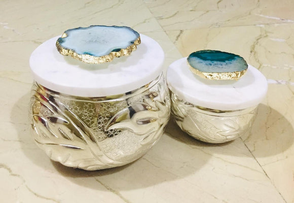 SET OF 2 , EMBOSSED SILVER JARS WITH MARBLE LID AND AGATE KNOB-ANUB001MJS