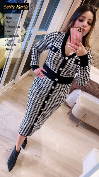BLACK AND WHITE WOOLEN ONE PIECE STRECHABLE OUTFIT FOR WOMEN