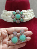 SONALI , BEADS CHOKER SET WITH CARVED STONES PENDANT AND EARRINGS FOR WOMEN -JSK001WBC