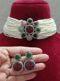 SONALI , BEADS CHOKER SET WITH CARVED STONES PENDANT AND EARRINGS FOR WOMEN -JSK001WBC