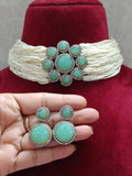SONALI , BEADS CHOKER SET WITH CARVED STONES PENDANT AND EARRINGS FOR WOMEN -JSK001WBC