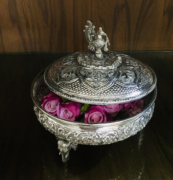 SILVER PLATED URLI / BOX WITH LID WITH ELEPHANT LEGS AND PEACOCK  KNOB LID -MK001DFB