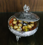 SILVER PLATED URLI / BOX WITH LID WITH ELEPHANT LEGS AND PEACOCK  KNOB LID -MK001DFB