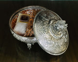 SILVER PLATED URLI / BOX WITH LID WITH ELEPHANT LEGS AND PEACOCK  KNOB LID -MK001DFB