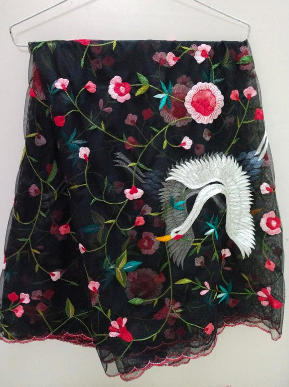CRANE DESIGN ELEGANT HAND EMBROIDERED CONVENT WORK  PARSI DUPATTA ON SOFT NET FABRIC-RG001CWPD
