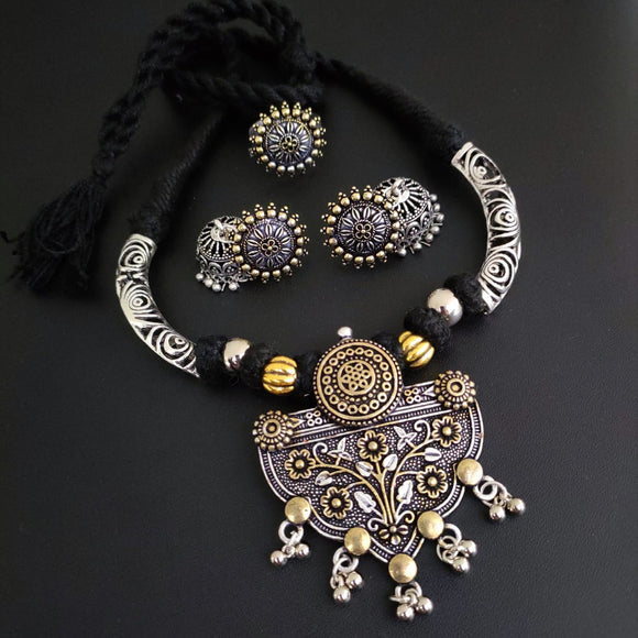 MALLIKA , Hand Crafted Dual-Tone Thread Necklace with Beautiful Earrings and Ring -AMAZ0001M