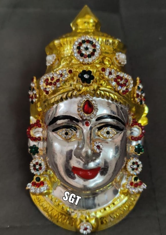 AMMAN ANUGRAHAM , SILVER FINISH AMMAN FACE WITH GOLDEN DECORATION-SN001AFD