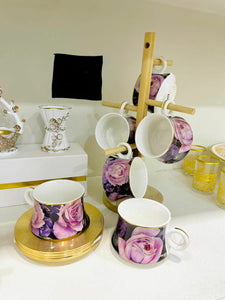 ROSEALIA, SET OF SIX GORGEOUS ROSE DESIGN TEA CUPS WITH GOLDEN SAUCERS-PANI001RCS