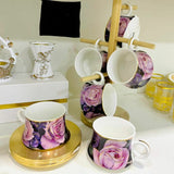 ROSEALIA, SET OF SIX GORGEOUS ROSE DESIGN TEA CUPS WITH GOLDEN SAUCERS-PANI001RCS