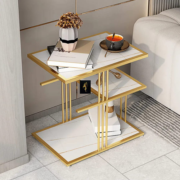 ELEGANT GOLDEN FINISH SIDE TABLE /CORNER TABLE  WITH 3 TIER  WHITE MARBLE TOPS -ANUB001STWM