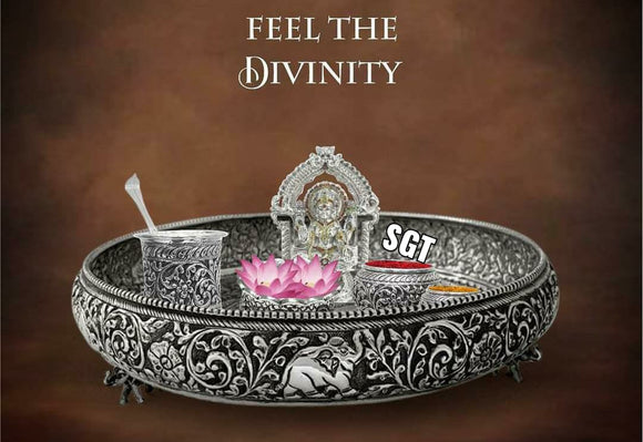 PADMA SUNDARI , ANTIQUE FINISH GERMAN SILVER PUJA THALI SET -SN001PS