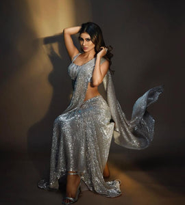 Designer Bollywood Concept Starring Mouni Roy in Shimmering Silver Soft pure Georgette Sequins Saree-NIRM001MR