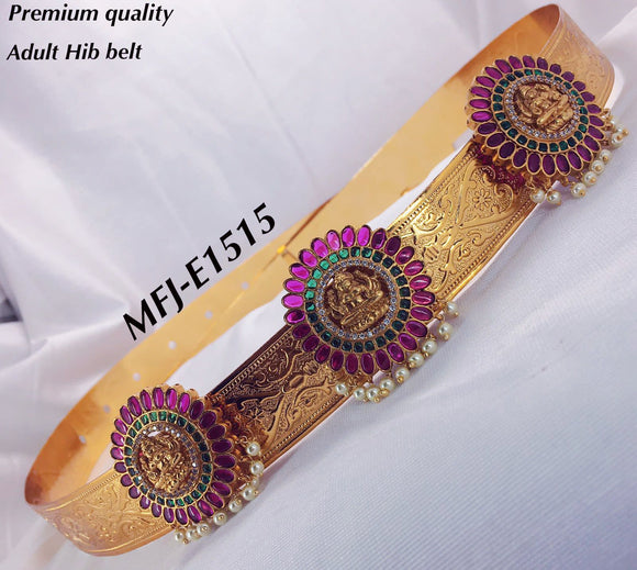 AMRITESWARI GOLD FINISH PINK KEMP STONE BRIDAL HIP BELT FOR