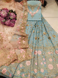 PALE BLUE TABBY TOP HEAVY SHARARA AND ORGANZA DUPATTA MATERIAL FOR WOMEN -FASG001BS