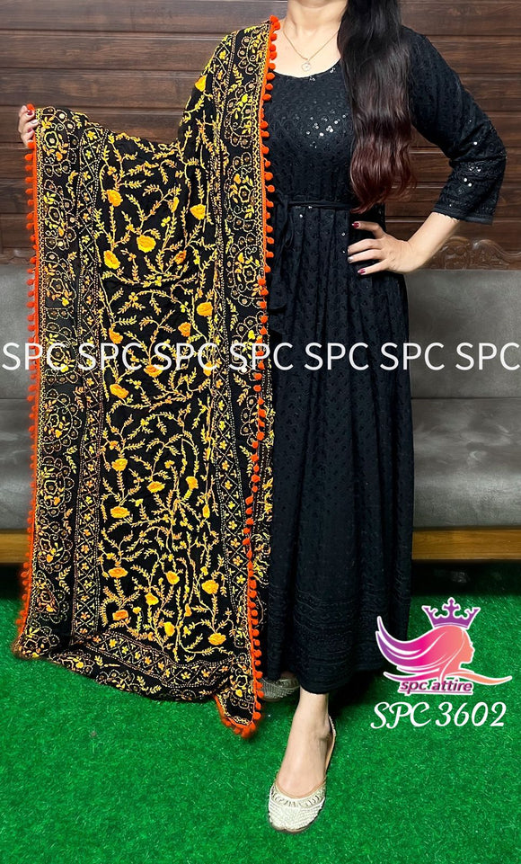 Premium rayon full shifley gown with beautiful pure georgette heavy handwork Phulkari dupatta with pompon lace-FOF001RK