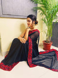 Pure Georgette saree with beautiful Red embroidery all over saree cover with red swarowski work with red piping and matching red blouse-FOF001RS