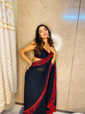 Pure Georgette saree with beautiful Red embroidery all over saree cover with red swarowski work with red piping and matching red blouse-FOF001RS