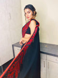 Pure Georgette saree with beautiful Red embroidery all over saree cover with red swarowski work with red piping and matching red blouse-FOF001RS
