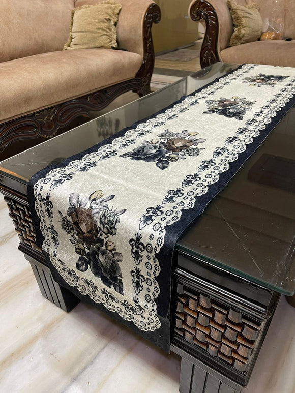 BLACK AND WHITE PRINTED VELVET TABLE RUNNER BY LOOMSMITH -PREET001VRBW