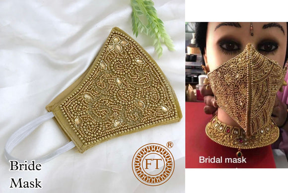 PAVITRA, ROYAL BRIDAL GOLDEN BEAD DECORATED  MASK  FOR SOUTH INDIAN BRIDE-ART001BM