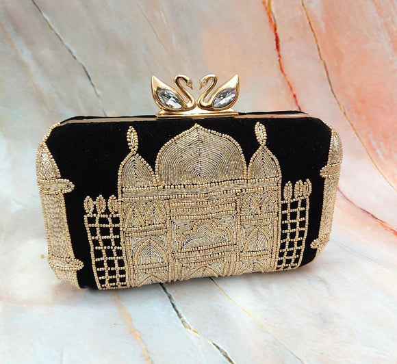Valentine Special ,Black Shade   Taj Mahal Clutch with Golden Double Swan Knob-PANI001TJB
