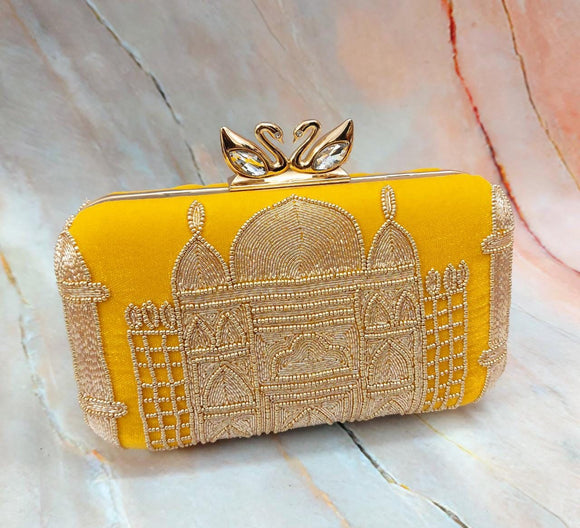 Valentine Special ,Yellow Shade   Taj Mahal Clutch with Golden Double Swan Knob-PANI001TJY