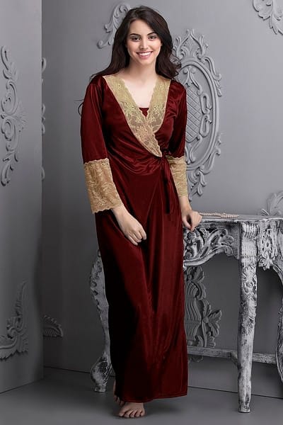 ELEGANT MAROON AND GOLD SHADE 7 PC BRIDAL NIGHT WEAR FOR WOMEN -RG001NW