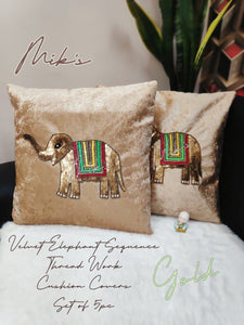 Set of 5 , Elephant Design Sequins  Rajasthani Work on Shining Velvet Fabric Cushion Covers-KRISHH001CC