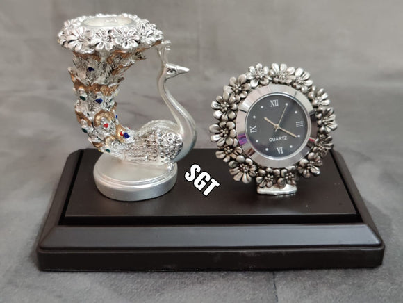 PURE SILVER COATED  PEACOCK WITH CLOCK -AN001PC