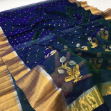 MAYURA SHREE , PEACOCK GREEN DOUBLE SHADED PURE ORIGINAL KATAN SILK SAREE FOR WOMEN -SHAB001PB