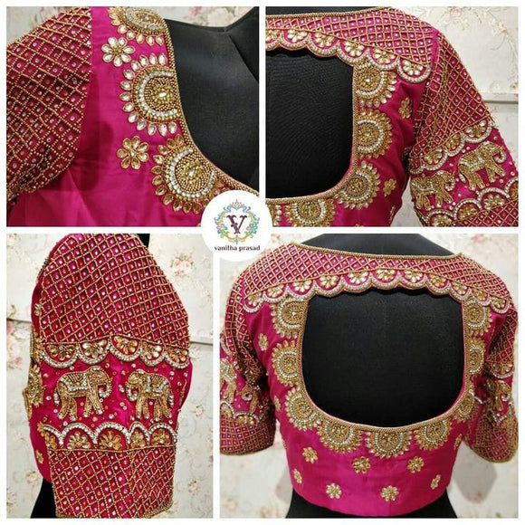GAJAVENI , PINK AND GOLD CUSTOMIZABLE HEAVY WORK STITCHED BLOUSE FOR WOMEN -TANI001P