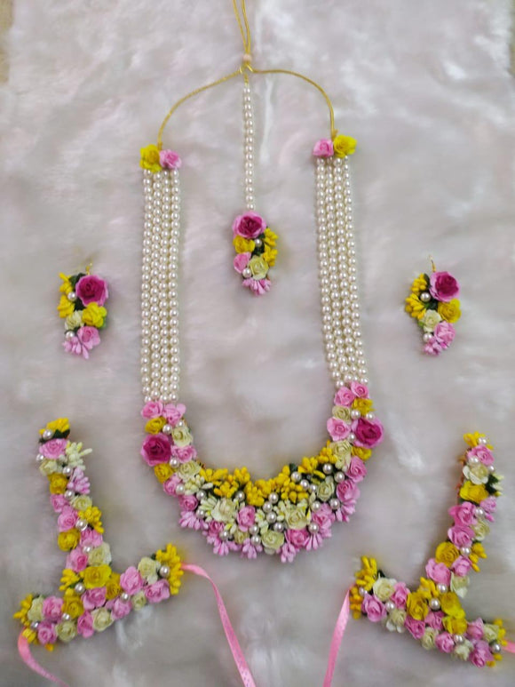 SONIA, YELLOW  AND PINK SHADE HALDI FLORAL JEWELLERY FOR WOMEN-JC001HJS
