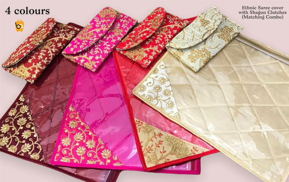4 Set Ethnic Saree Cover with Matching Envelope Clutch combo-JC001SCCC
