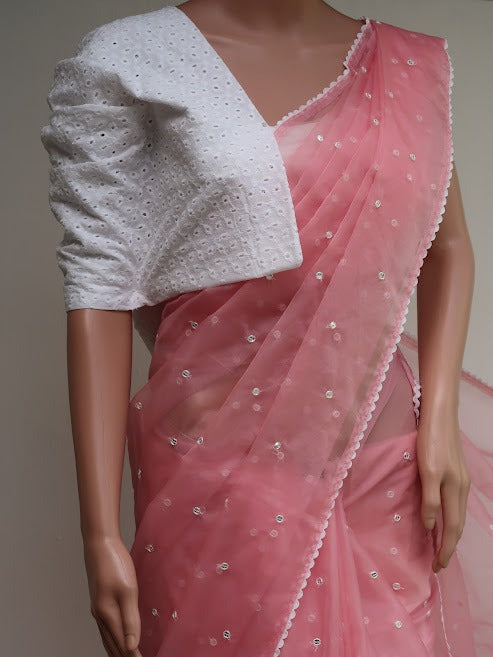 Pink Embroidered Organza saree with scallop lace border and Hakkoba Blouse Piece-KIA001OZP