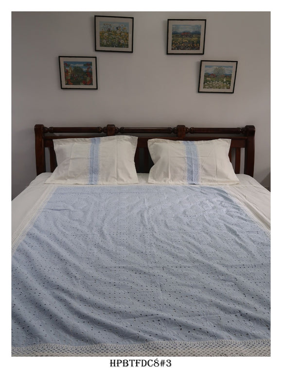 King Size Glazed Cotton Bedsheet with Hakkoba Centre Patch and Crochet Lace with Two Pillow Covers-KIA001HKB