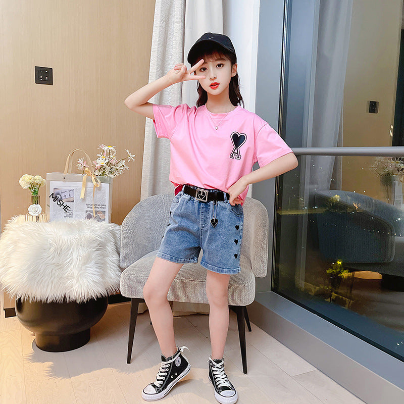 Mini denim shorts with tee for kids-OKG001P - Main Image