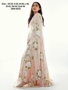 SARA ALI KHAN INSPIRED PASTEL PINK FLAIRED MUSLIN KURTA WITH CHIFFON  DUPPATTA WITH WHITE ROSES -MADH001S