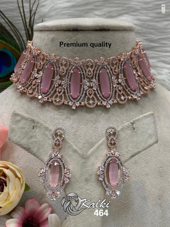 PARINAY, ROSE GOLD FINISH DESIGNER CHOKER  NECKLACE WITH PASTEL PINK STONES MATCHING EARRINGS -MOE01KLP