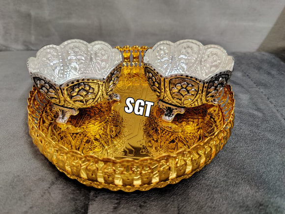 MAYURI, Full set impressive Gold finish German silver tray with antique German silver washable Kum Kum bowls-SN001PS