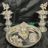 ASHTAMI , German silver washable fancy Diya with German silver washable pooja set-SN001A