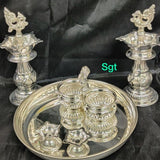 ASHTAMI , German silver washable fancy Diya with German silver washable pooja set-SN001A