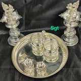ASHTAMI , German silver washable fancy Diya with German silver washable pooja set-SN001A