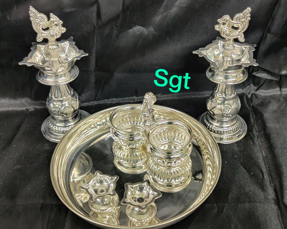 ASHTAMI , German silver washable fancy Diya with German silver washable pooja set-SN001A
