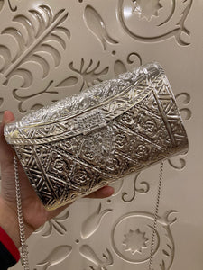 DESPINA, SILVER FINISH ELEGANT BRASS CLUTCH BAG WITH SILVER CHAIN SLING  FOR WOMEN -JC001BBSA